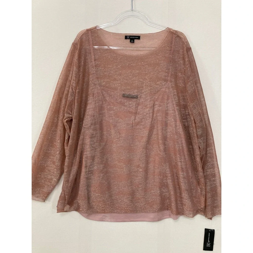New INC Metallic Knit Top 3X Rose Gold‎ Long Sleeve Shimmer Blouse Camisole Set